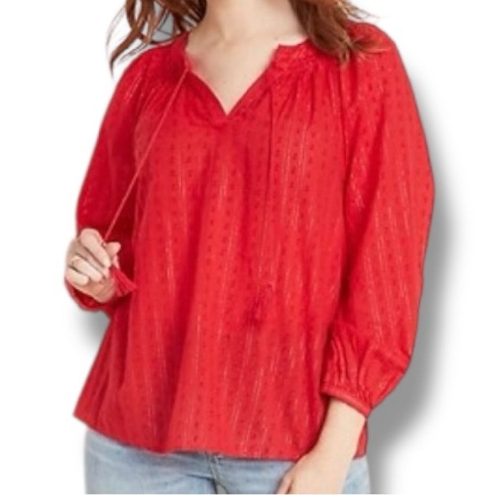 Old Navy Red Smocked Split Neck Textured Clip-dots Metallic Pinstripes Top